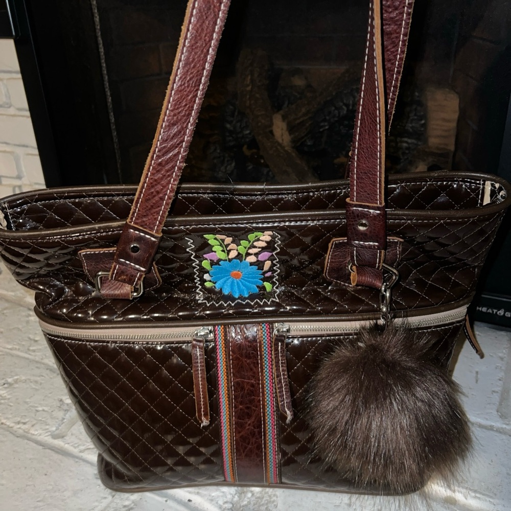 Large Consuela Brown Quilted Bag with Multi-Colored Embroidered brown Leather